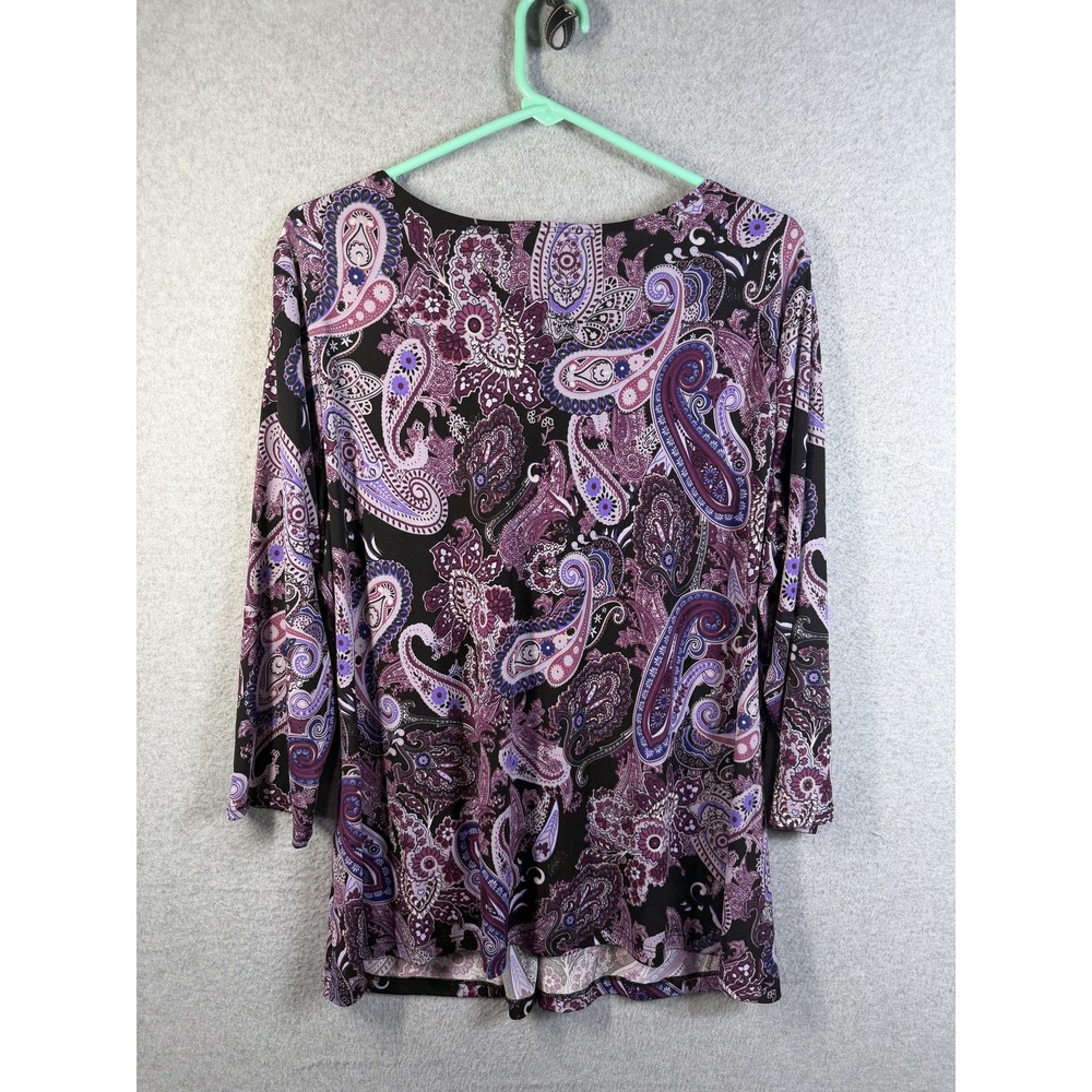 Dressbarn Tunic Top Womens XL Purple Paisley Beaded V Neck 3/4 Sleeve Stretch - Picture 9 of 10